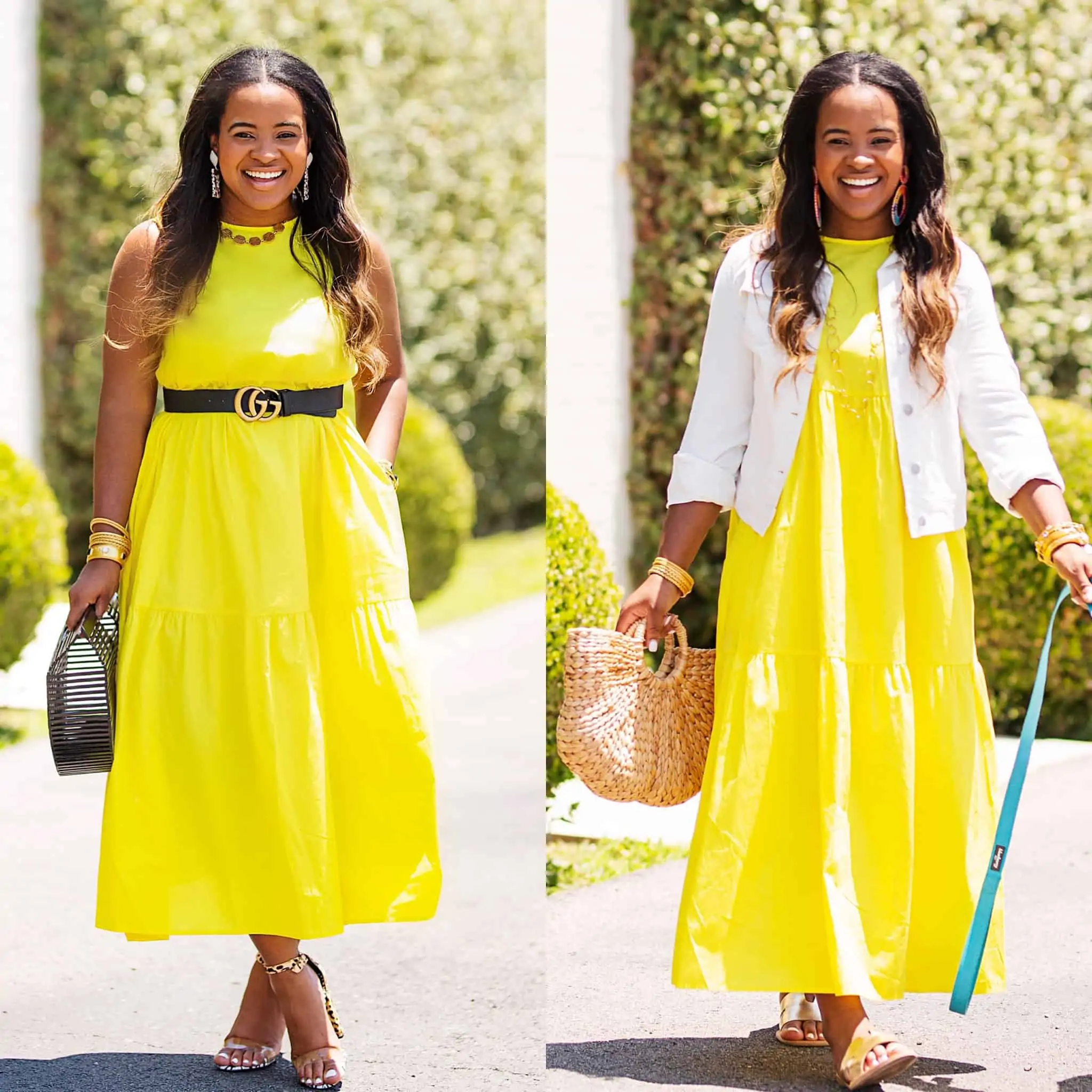 Day to night outfit for Summer styled by top US fashion blog, Glamorous Versatility: image of a woman wearing a Target yellow maxi dress, Gucci leather belt, Steve Madden sandals, Red Dress Boutique bamboo bag, and BaubleBar leopard earrings.