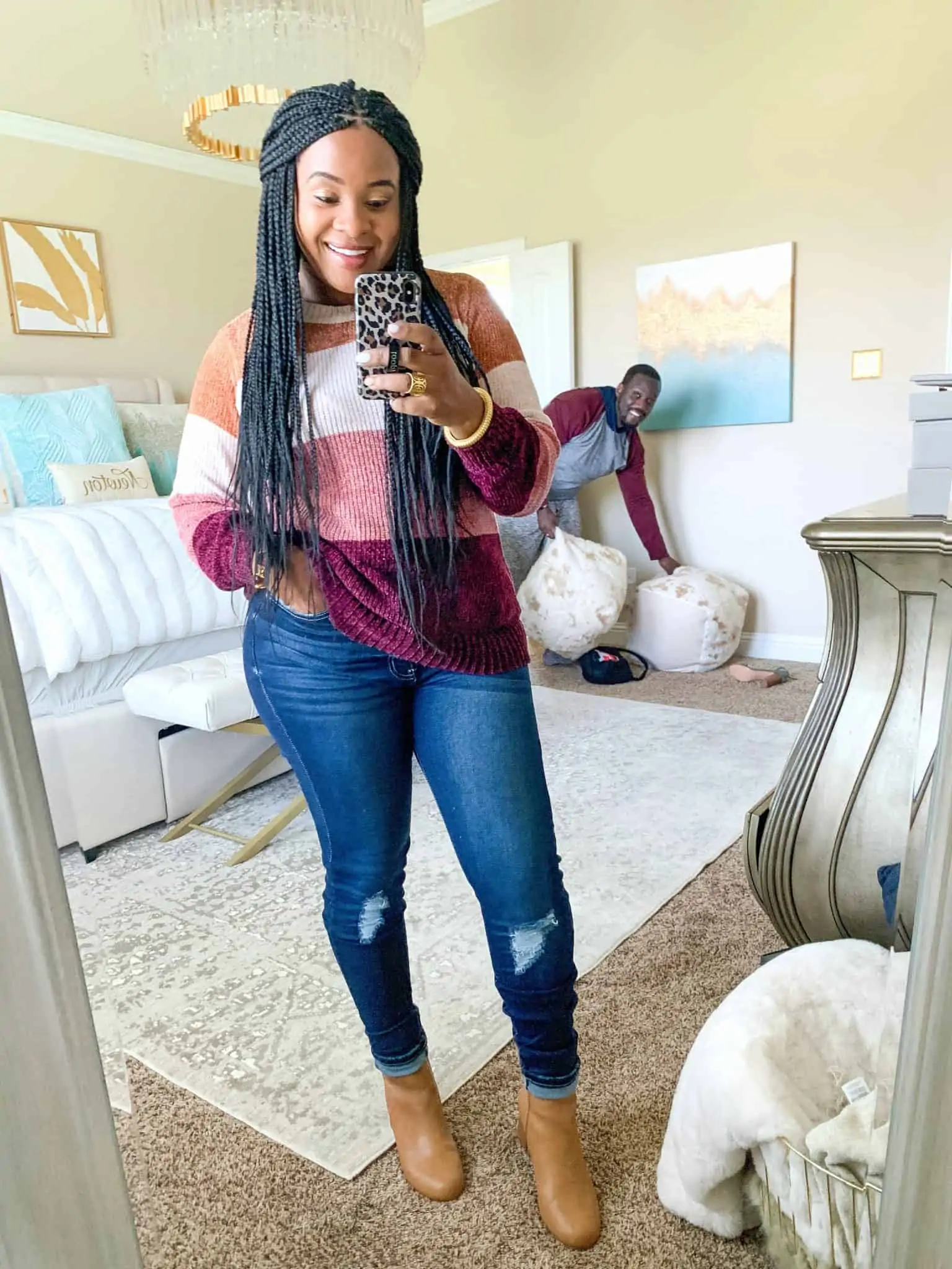 Red Dress Boutique Fall Collection 2 Try On by popular Dallas fashion blog, Glamorous Versatility: image of a woman wearing a Red Dress Boutique Have We Met Dark Wash Distressed Curvy Skinny Jeans and Go For Cozy Rose Multi Stripe Sweater.