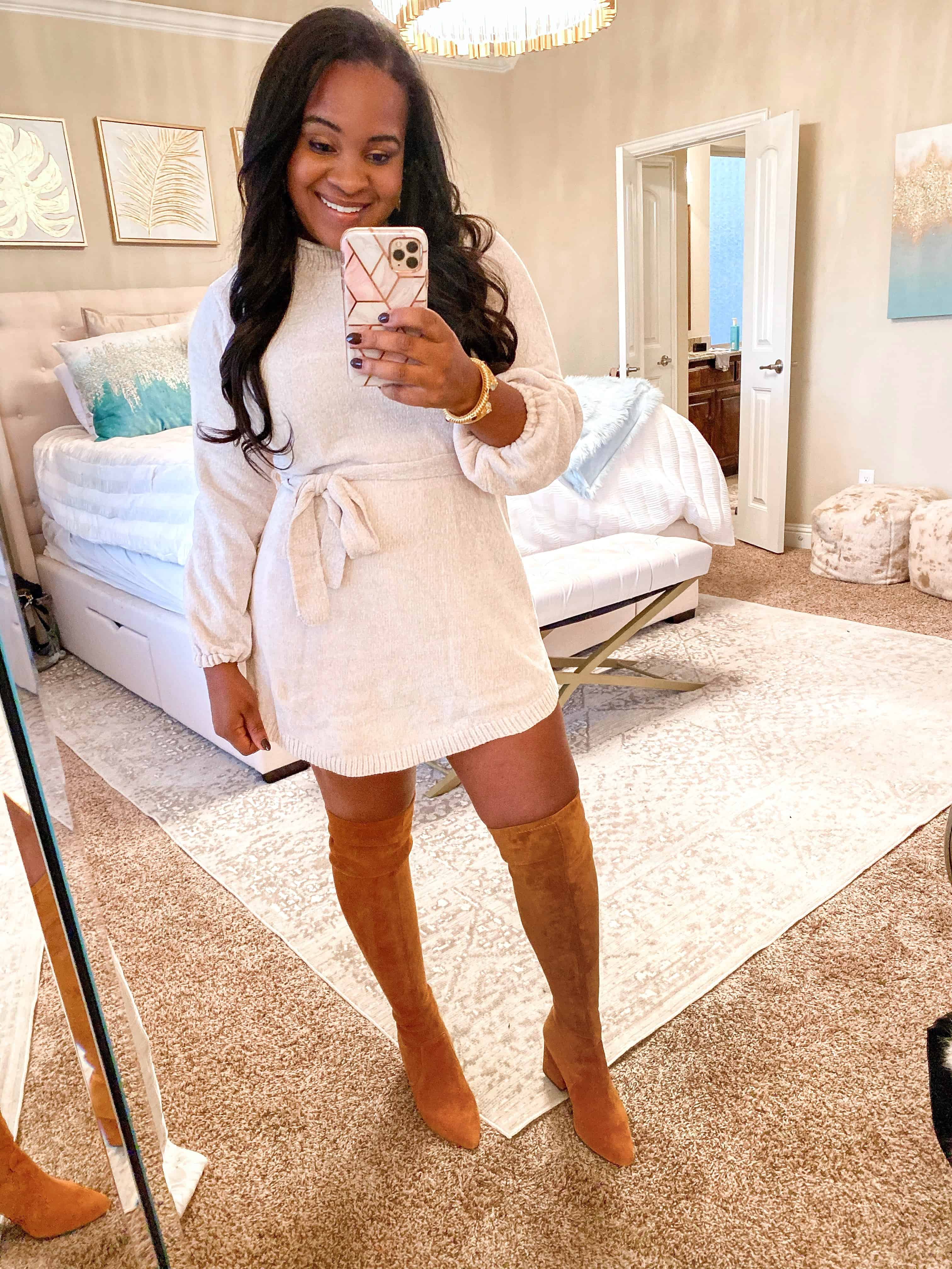 4 Cute Thanksgiving Outfit Ideas featured by top US fashion blog, Glamorous Versatility: image of a woman wearing a sweater dress and over the knee boots