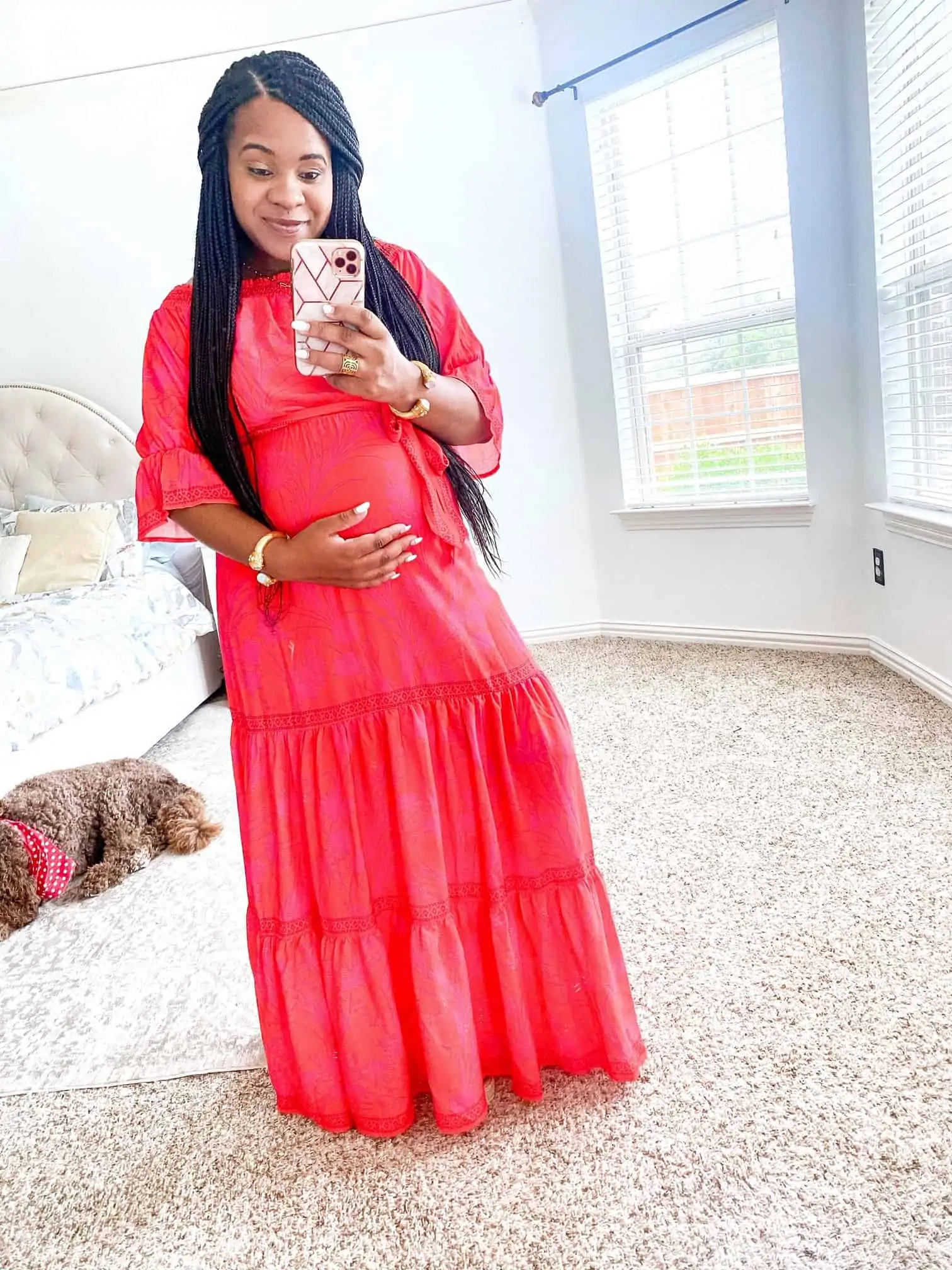 Maxi Dresses by popular Dallas fashion blog, Glamorous Versatility: image of a woman wearing a Red Dress Dancing In The Rain Red Print Maxi Dress AURA.