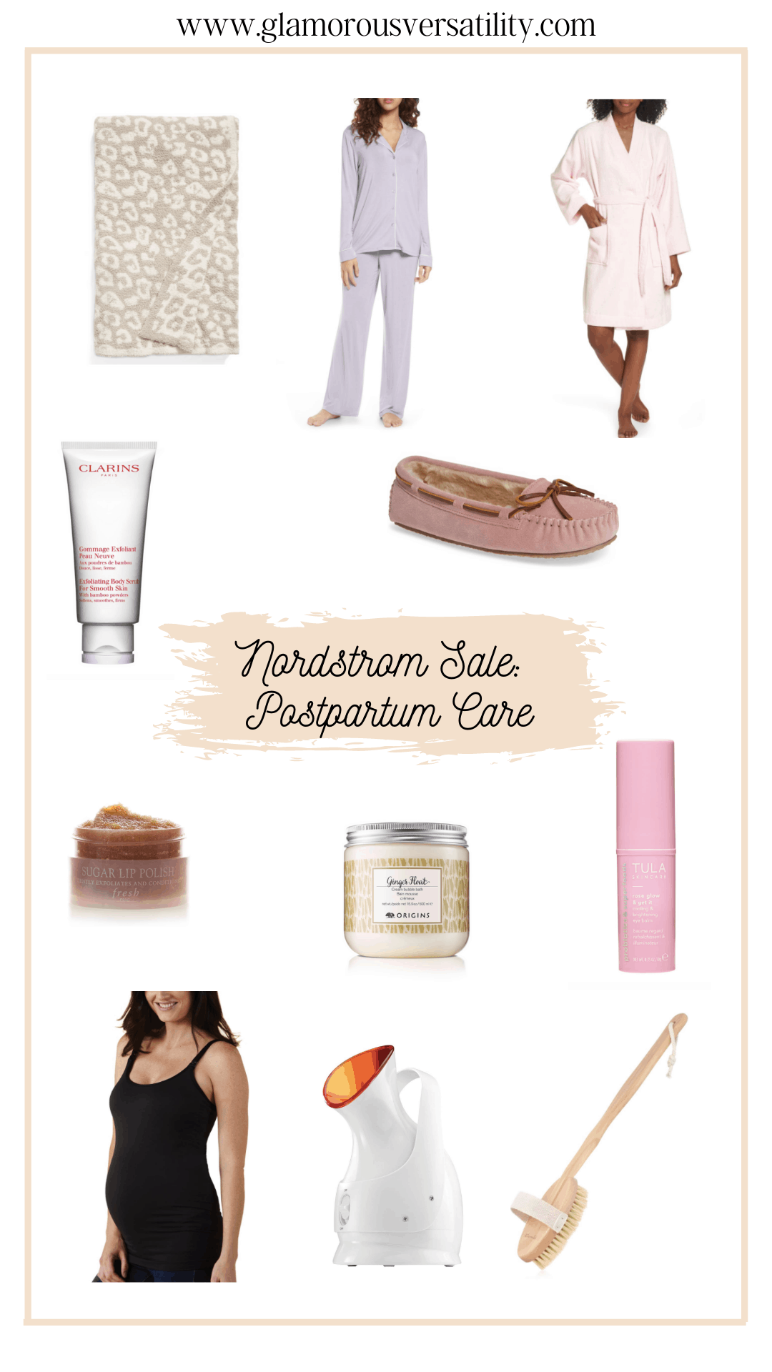 Postpartum Recovery Tips by popular Dallas motherhood blog, Glamorous Versatility: collage image of pink moccasin slippers, pink robe, barefoot dreams leopard print blanket, matching pajama set, black tank top, sugar lip polish, diffuser, Tula Skincare Rose Glow and Get it, body detox skin brush, Clarins exfoliating body scrub, and Ginger Heat bubble bath. 