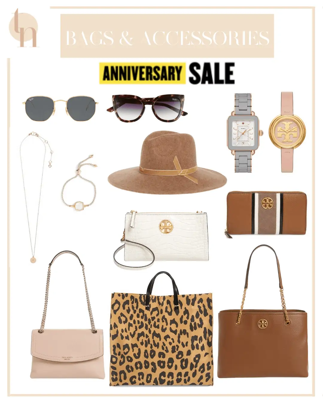 Nordstrom Anniversary Sale by popular Dallas life and style blog, Glamorous Versatility: collage image of Nordstrom Tory Burch Deco Wallet, Tory Burch Black Wallet, Tory Burch Tote, Kate Spade Initial Necklace, Kate Spade Handbag, Ray-Ban Sunglasses, Quay Sunglasses, Clare V. Leopard Print Tote, Leather Belt, Tory Burch Leather Wallet, Tory Burch Gold Watch, and Kendra Scott Bracelets.