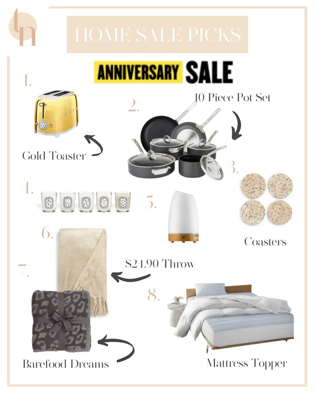 Nordstrom Anniversary Sale by popular Dallas life and style blog, Glamorous Versatility: collage image of Bliss Plush Throw, Barefoot Dreams Animal Print Blanket, Serene house Diffuser, Smeg Gold Toaster, Viking 10 piece nonstick set, Viking Cast Iron Griddle, and Mattress Pad.