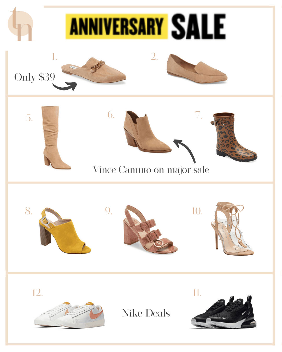 Nordstrom Anniversary Sale by popular Dallas life and style blog, Glamorous Versatility: collage image of Nordstrom Vince Camuto Gradina Block Heel Bootie, Vince Camuto Derika Leather Boot, Steve Madden Forever Chain Pointed Toe Mule, Nike Blazer Low SE Sneaker, Treasure & Bond Kallie Mule, Steve Madden Leopard Loafer, Steve Madden Studded Sneaker, Steve Madden Black Loafer, Hunter Leopard Print Rain Boot, Louise Et Cite Heel Sandal, Jessica Simpson Dressy Heel Sandal, Charles by Charles David Slingback, and BP Heeled Mule