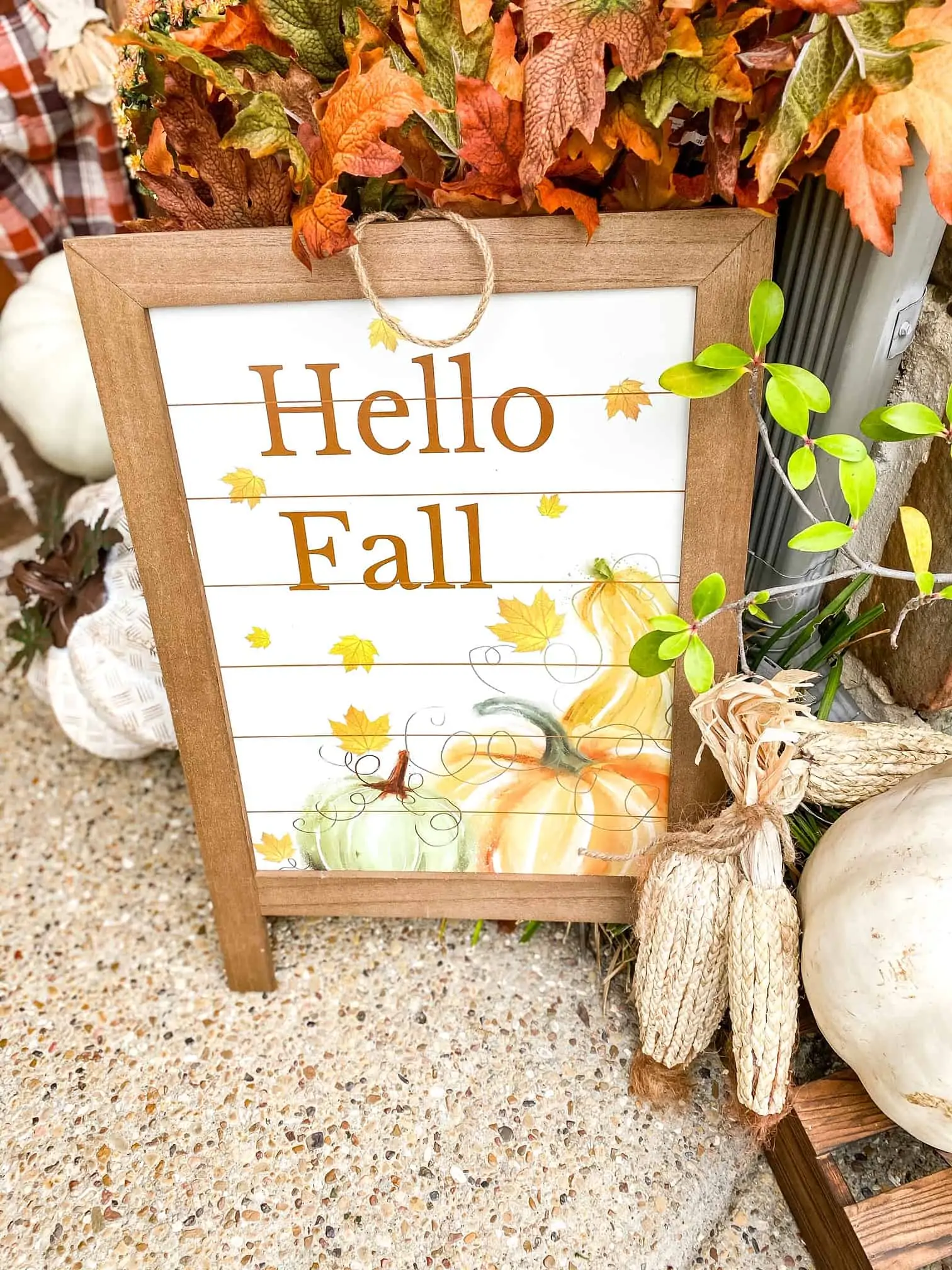 Fall Front Porch Ideas by popular Dallas life and style blog, Glamorous Versatility: image of two doodle breed dogs sitting on a front porch that decorated with a At Home scarecrow, At home Give Thanks sign, At Home pumpkin Welcome sign, At Home wagon, At home Styrofoam pumpkins, potted mums, At Home Hello Fall wooden sign, and At Home fall wreath. 