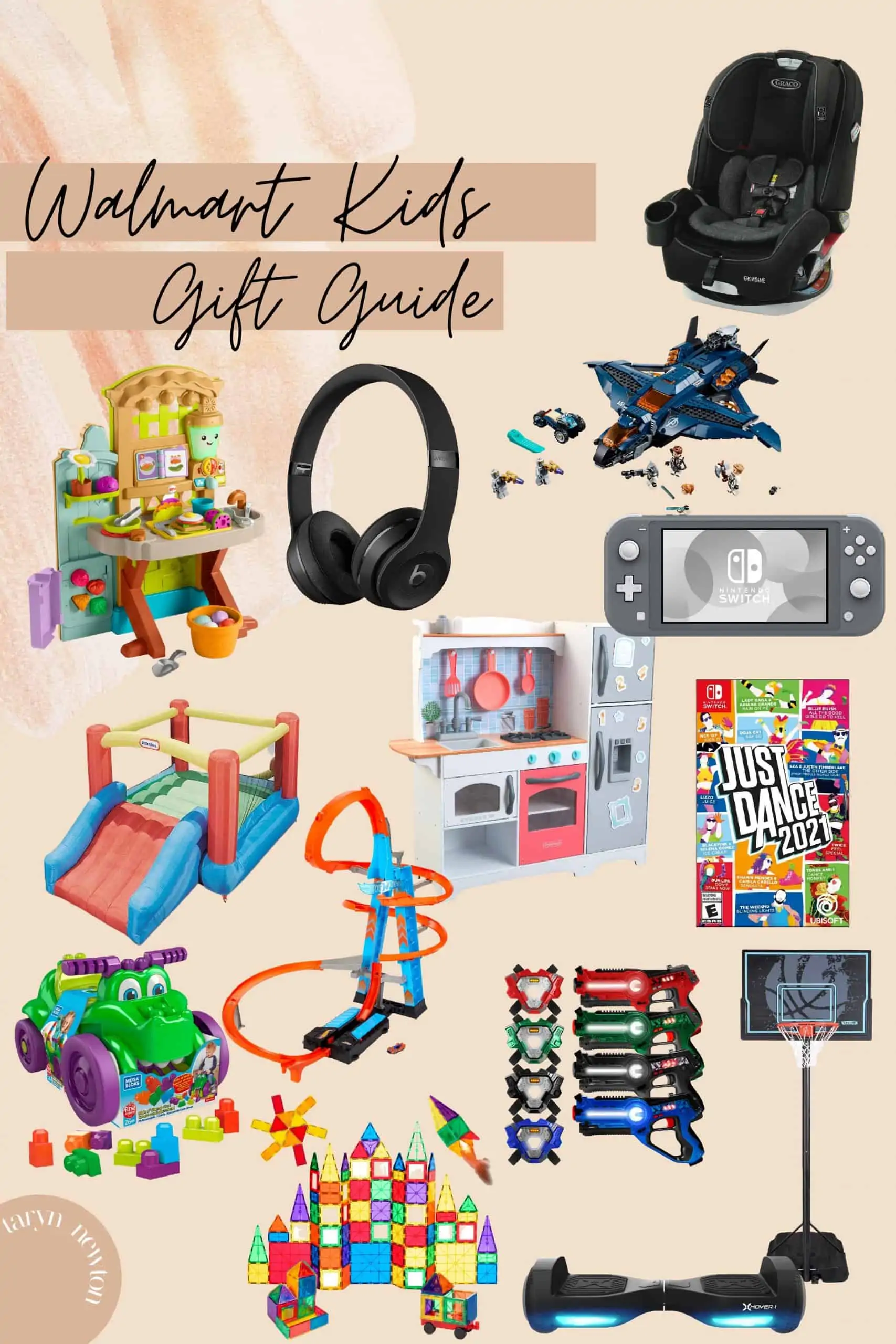 Best Deals at Walmart by popular Dallas life and style blog, Glamorous Versatility: collage image of a Graco carseat, inflatable bounce house, Hot Wheels track, hover board, magna tiles, Just Dance 2021, Nintendo switch, Basketball hoop, play kitchen, laser tag, bluetooth headphones, and Lego Marvel Avengers set. 