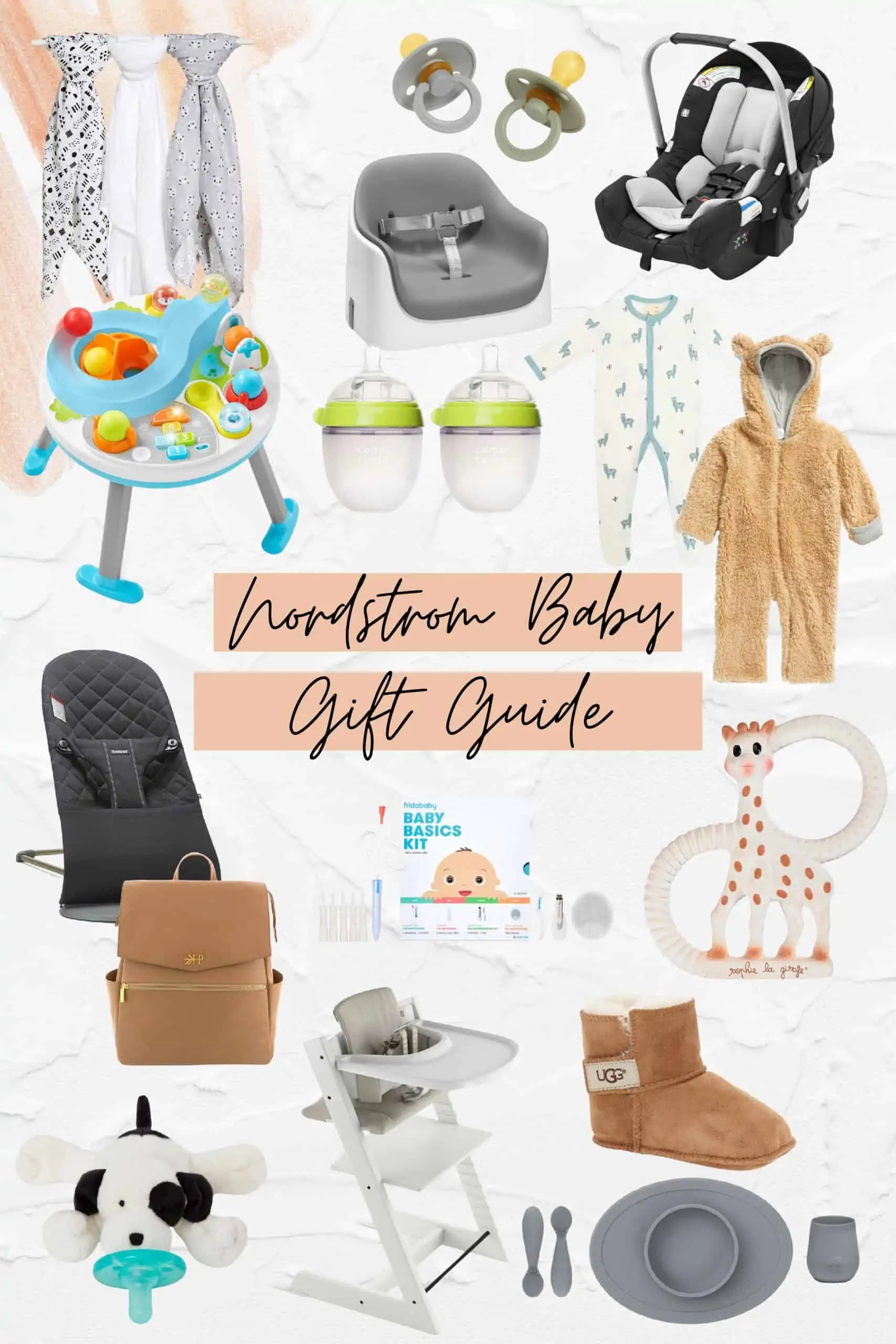 Birth Story by popular Dallas motherhood blog, Glamorous Versatility: collage image of a Freshly Picked diaper bag, baby bouncers, high chiair, binky, Baby Ugg boots, giraffe teether, silicon, Baby Basics kit, bottles, blankets, onesies, and a car seat. 