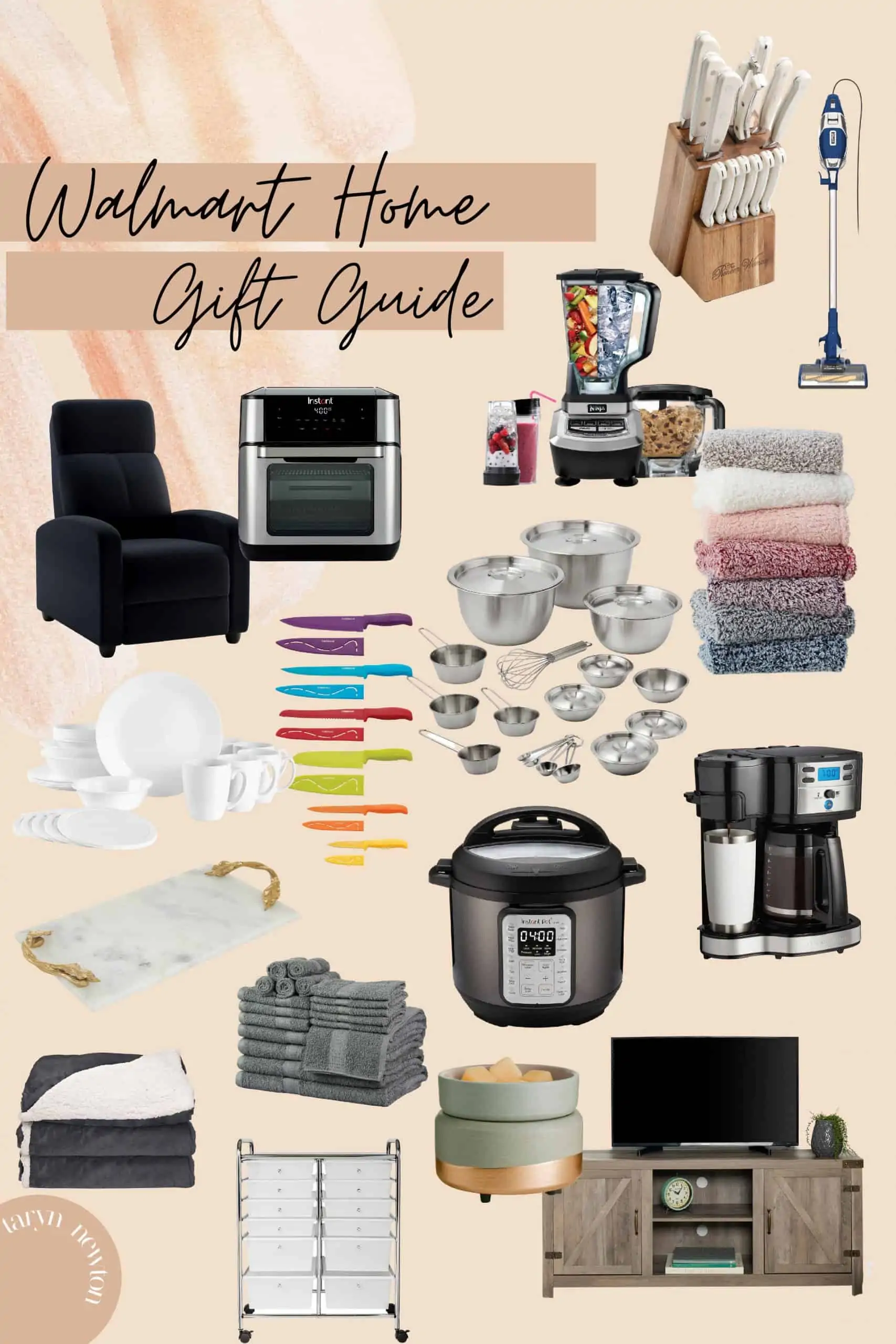 Best Deals at Walmart by popular Dallas life and style blog, Glamorous Versatility: collage image of a mixing bowl set, Insta Pot, coffee maker, grey towel set, black armchair recliner, blender, knife set, 12 drawer rolling cart, marble and gold handle serving tray, grey sherpa blanket, Corelle dining set, shark rocket vacuum cleaner, heated blanket, and entertainment system.  